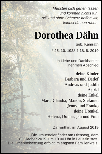 Traueranzeige von Dorothea Dähn von Vorpommern Kurier