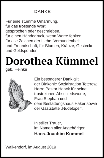 Traueranzeige von Dorothea Kümmel von Mecklenburger Schweiz