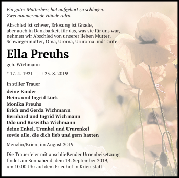 Traueranzeige von Ella Preuhs von Vorpommern Kurier