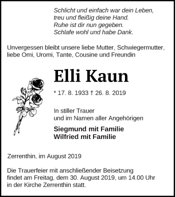 Traueranzeige von Elli Kaun von Pasewalker Zeitung