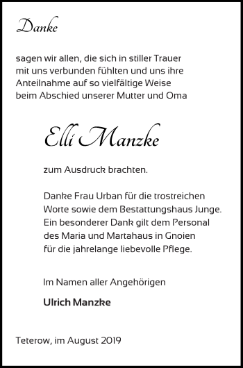 Traueranzeige von Elli Manzke von Mecklenburger Schweiz