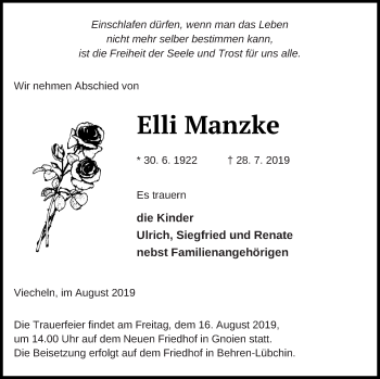 Traueranzeige von Elli Manzke von Mecklenburger Schweiz