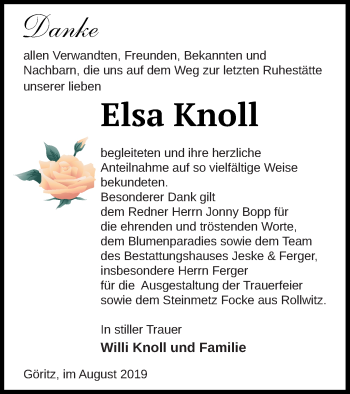 Traueranzeige von Elsa Knoll von Prenzlauer Zeitung