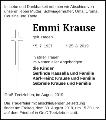 Traueranzeige von Emmi Krause von Neubrandenburger Zeitung