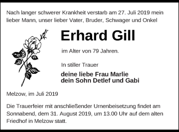 Traueranzeige von Erhard Gill von Prenzlauer Zeitung