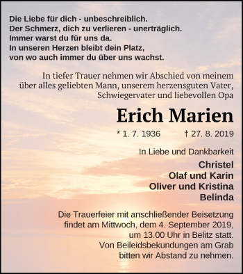 Traueranzeige von Erich Marien von Mecklenburger Schweiz