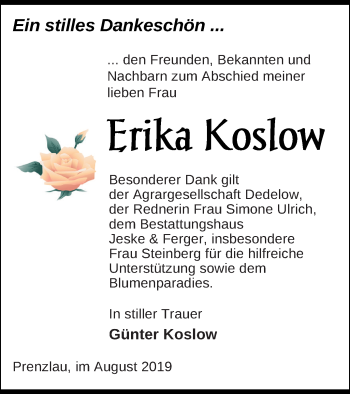 Traueranzeige von Erika Koslow von Prenzlauer Zeitung