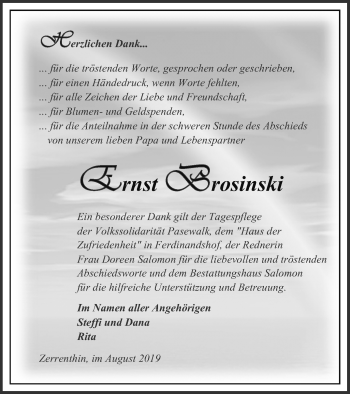 Traueranzeige von Ernst Brosinski von Pasewalker Zeitung