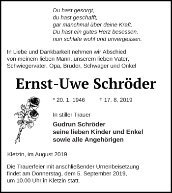 Traueranzeige von Ernst-Uwe Schröder von Vorpommern Kurier