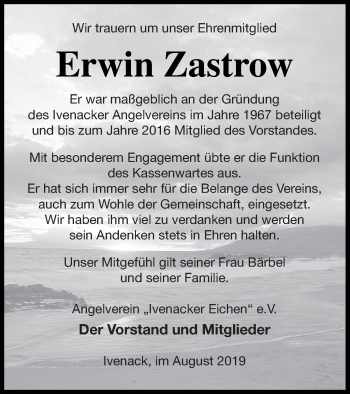 Traueranzeige von Erwin Zastrow von Mecklenburger Schweiz