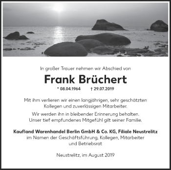 Traueranzeige von Frank Brüchert von Demminer Zeitung