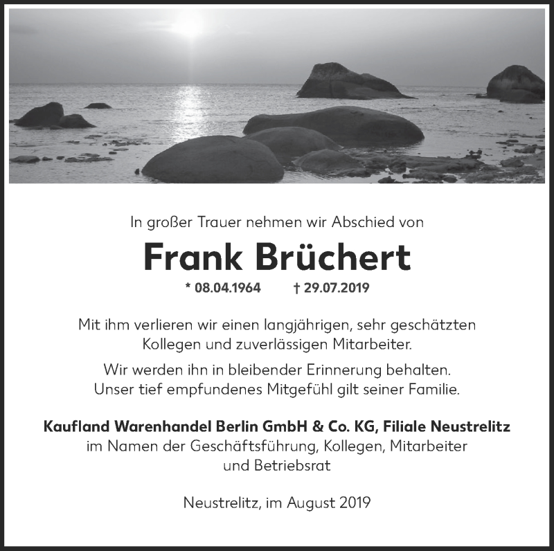  Traueranzeige für Frank Brüchert vom 08.08.2019 aus Demminer Zeitung