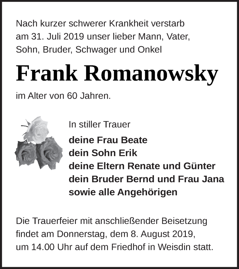  Traueranzeige für Frank Romanowsky vom 03.08.2019 aus Neubrandenburger Zeitung