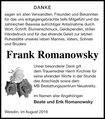 Traueranzeige von Frank Romanowsky von Neubrandenburger Zeitung