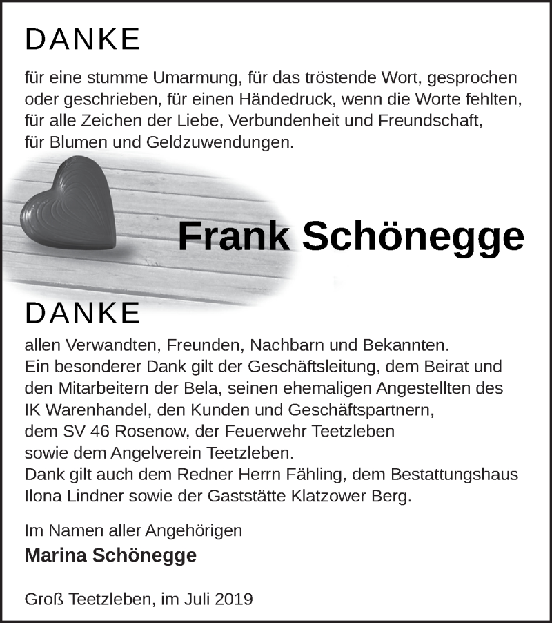  Traueranzeige für Frank Schönegge vom 09.08.2019 aus Mecklenburger Schweiz
