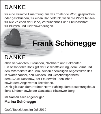 Traueranzeige von Frank Schönegge von Mecklenburger Schweiz