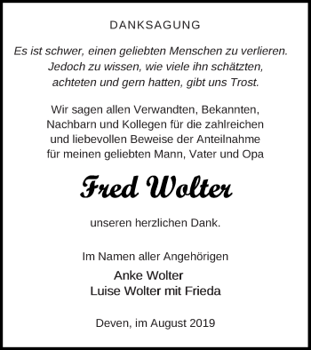 Traueranzeige von Fred Wolter von Müritz-Zeitung