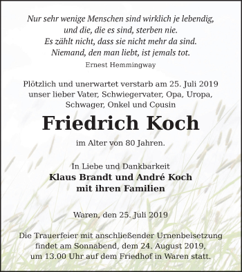 Traueranzeige von Friedrich Koch von Müritz-Zeitung