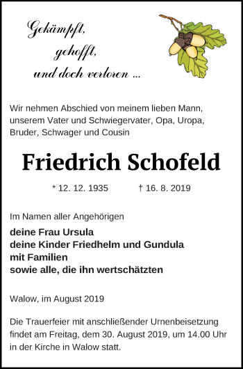 Traueranzeige von Friedrich Schofeld von Müritz-Zeitung