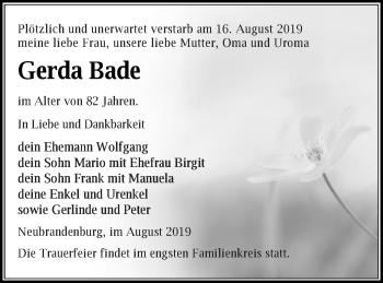 Traueranzeige von Gerda Bade von Neubrandenburger Zeitung