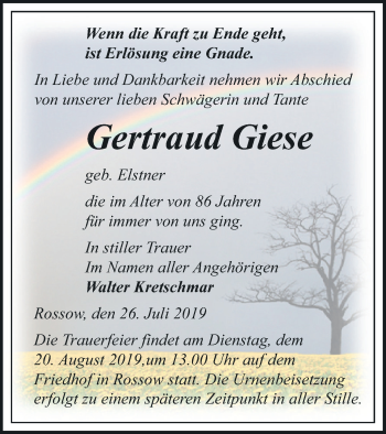 Traueranzeige von Gertraud Giese von Pasewalker Zeitung