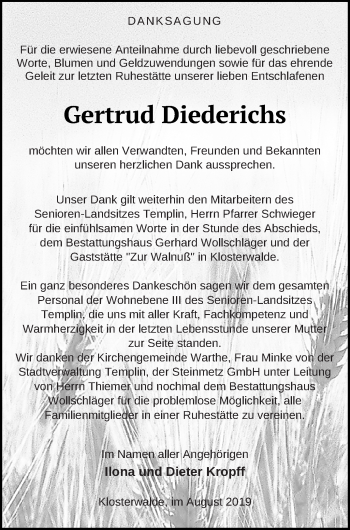 Traueranzeige von Gertrud Diederichs von Templiner Zeitung