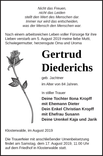 Traueranzeige von Gertrud Diederichs von Templiner Zeitung