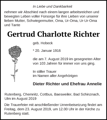 Traueranzeige von Gertrud Charlotte Richter von Templiner Zeitung