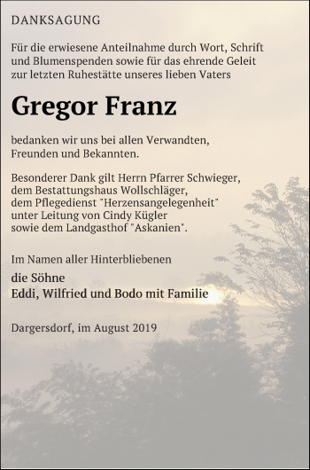 Traueranzeige von Gregor Franz von Templiner Zeitung