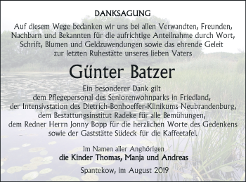 Traueranzeige von Günter Batzer von Vorpommern Kurier