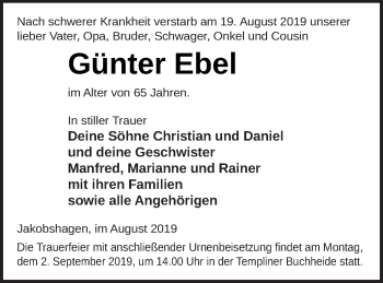 Traueranzeige von Günter Ebel von Templiner Zeitung