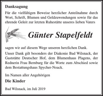 Traueranzeige von Günter Stapelfeldt von Der Prignitzer