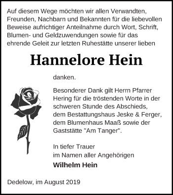 Traueranzeige von Hannelore Hein von Prenzlauer Zeitung