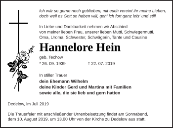 Traueranzeige von Hannelore Hein von Prenzlauer Zeitung