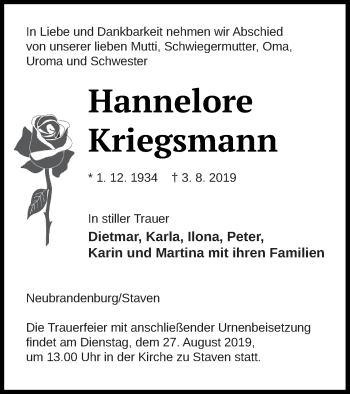 Traueranzeige von Hannelore Kriegsmann von Neubrandenburger Zeitung