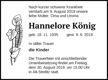 Traueranzeige von Hannelore König von Strelitzer Zeitung