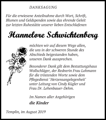 Traueranzeige von Hannelore Schwichtenberg von Templiner Zeitung