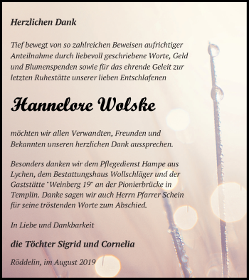 Traueranzeige von Hannelore Wolske von Templiner Zeitung