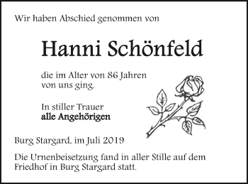 Traueranzeige von Hanni Schönfeld von Neubrandenburger Zeitung