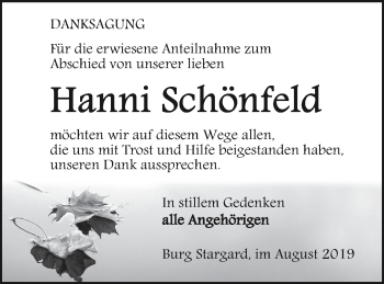 Traueranzeige von Hanni Schönfeld von Neubrandenburger Zeitung