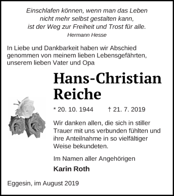 Traueranzeige von Hans-Christian Reiche von Haff-Zeitung