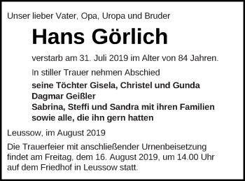 Traueranzeige von Hans Görlich von Strelitzer Zeitung