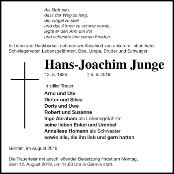 Traueranzeige von Hans-Joachim Junge von Vorpommern Kurier