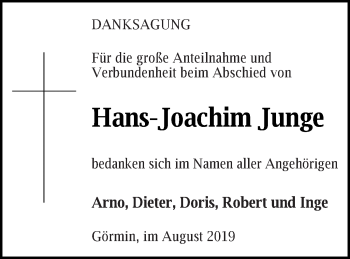 Traueranzeige von Hans-Joachim Junge von Vorpommern Kurier