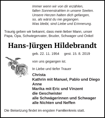 Traueranzeige von Hans-Jürgen Hildebrandt von Neubrandenburger Zeitung