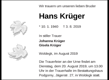 Traueranzeige von Hans Krüger von Strelitzer Zeitung