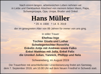 Traueranzeige von Hans Müller von Prenzlauer Zeitung