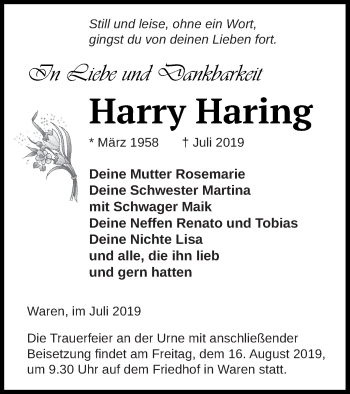 Traueranzeige von Harry Haring von Müritz-Zeitung
