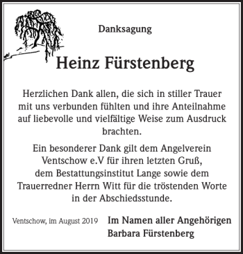 Traueranzeige von Heinz Fürstenberg von Anzeiger für Sternberg - Brüel - Warin