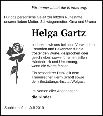 Traueranzeige von Helga Gartz von Müritz-Zeitung